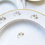 4 white porcelain L'Amandinoise soup plates with gold floral pattern