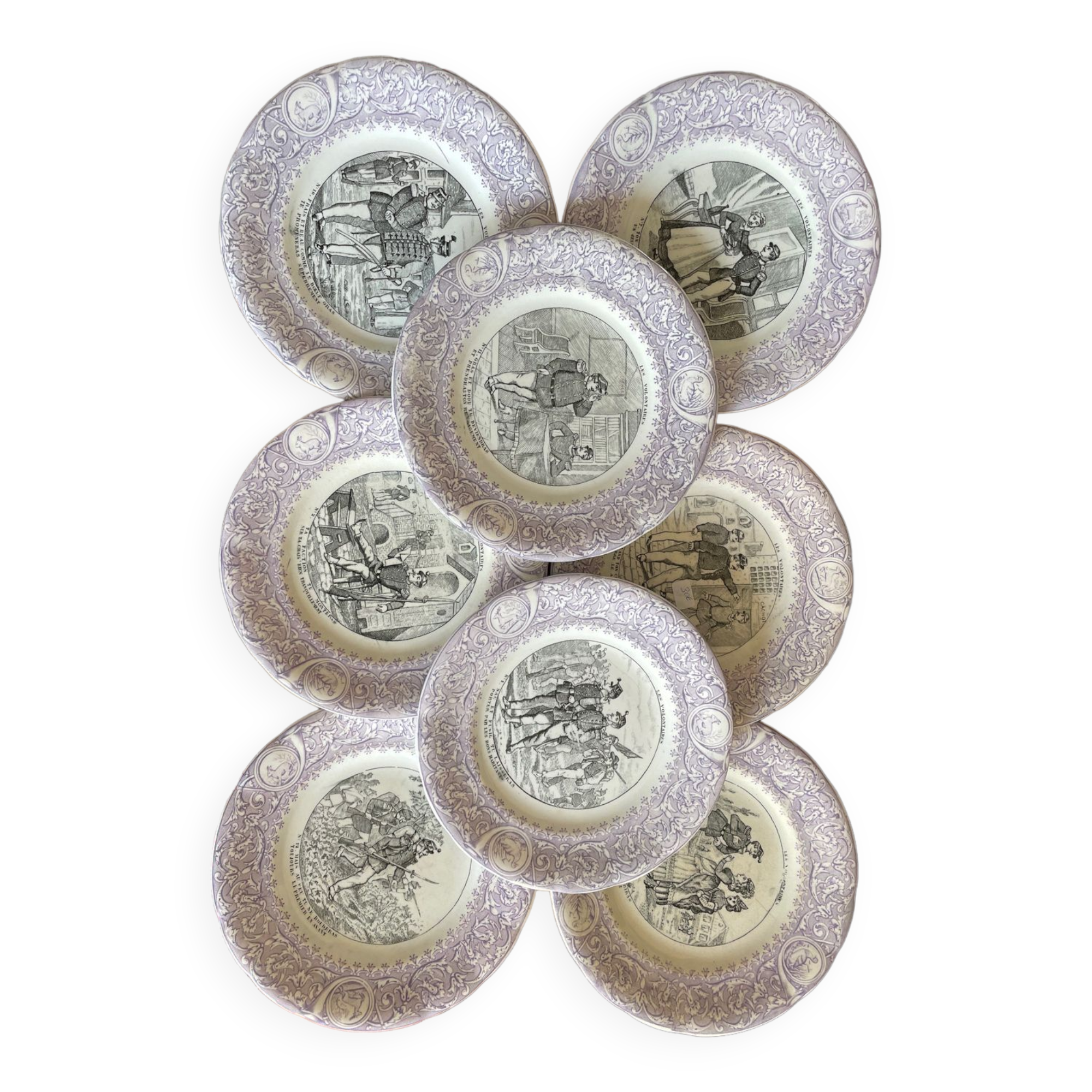 Set 8 Dessert plates Les Volontaires Faïence de Luneville