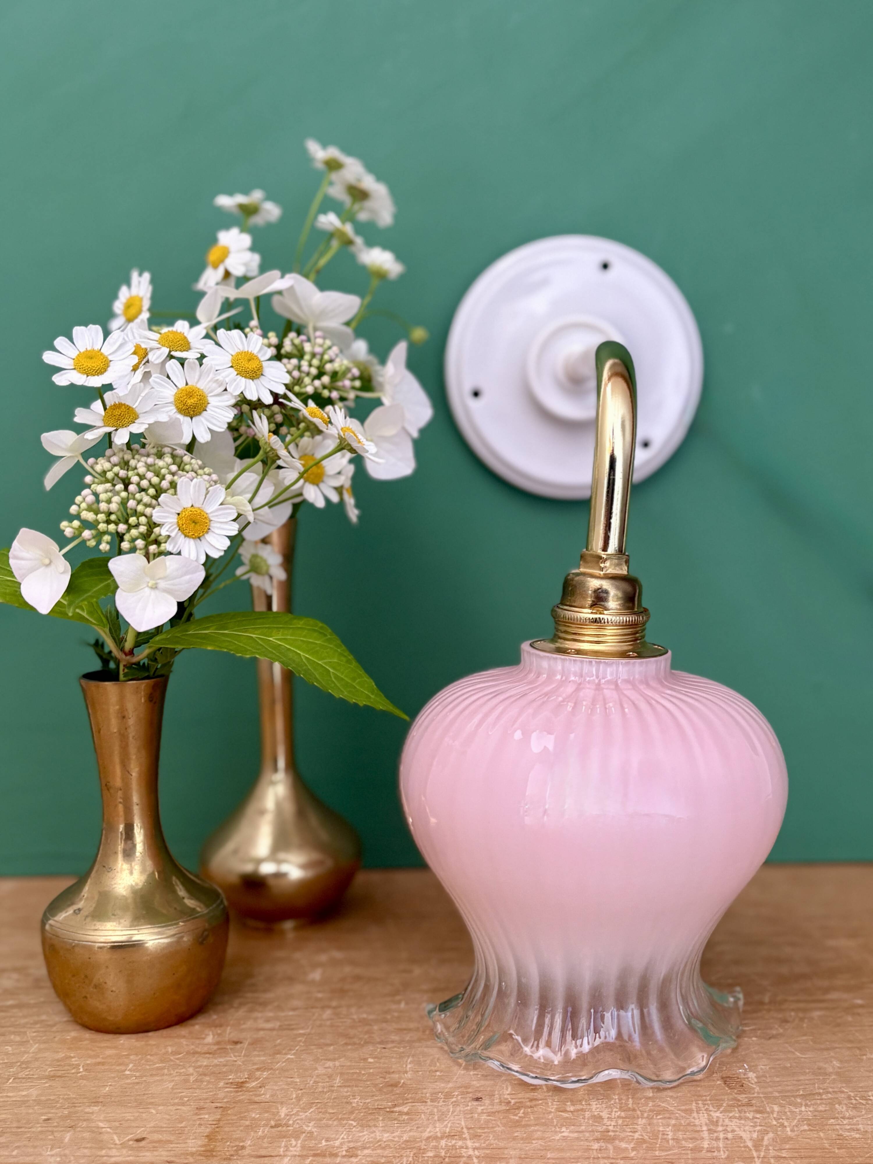 Vintage pink and clear glass elbow wall light.
