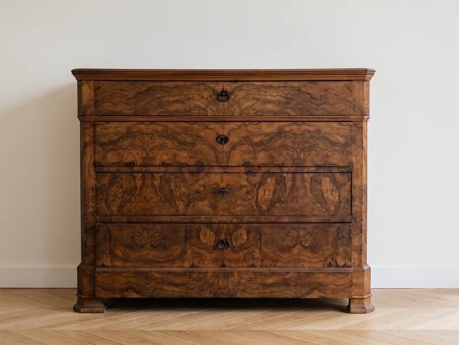 Antique commode in veneered wood with burl.