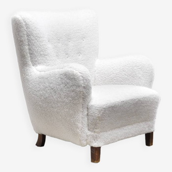 Fritz Hansen Model 1669 Lounge Chair In White Wool, Denmark 1940's