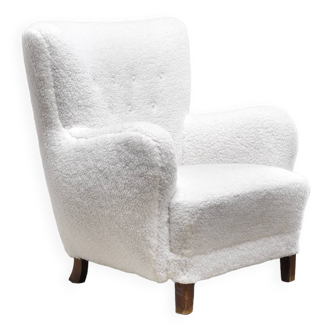 Fritz Hansen Model 1669 Lounge Chair In White Wool, Denmark 1940's