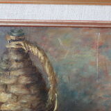 Tableau ancien nature morte dame jeanne et pommes