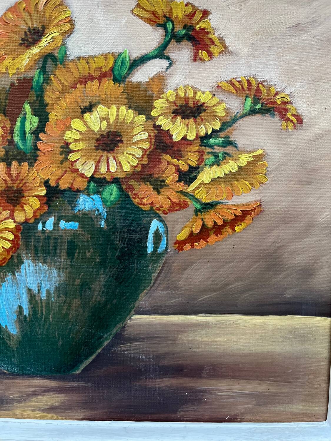 Huile « bouquet fleurs orange » encadrée