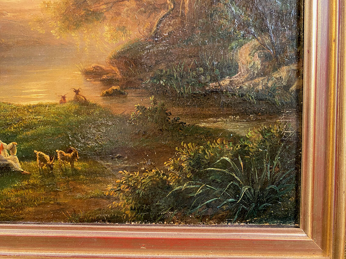 "Animated landscape at sunset", oil on canvas 19th century