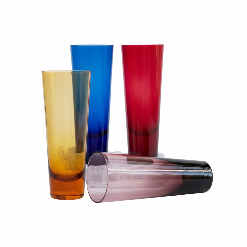 Four handmade colored tall glasses