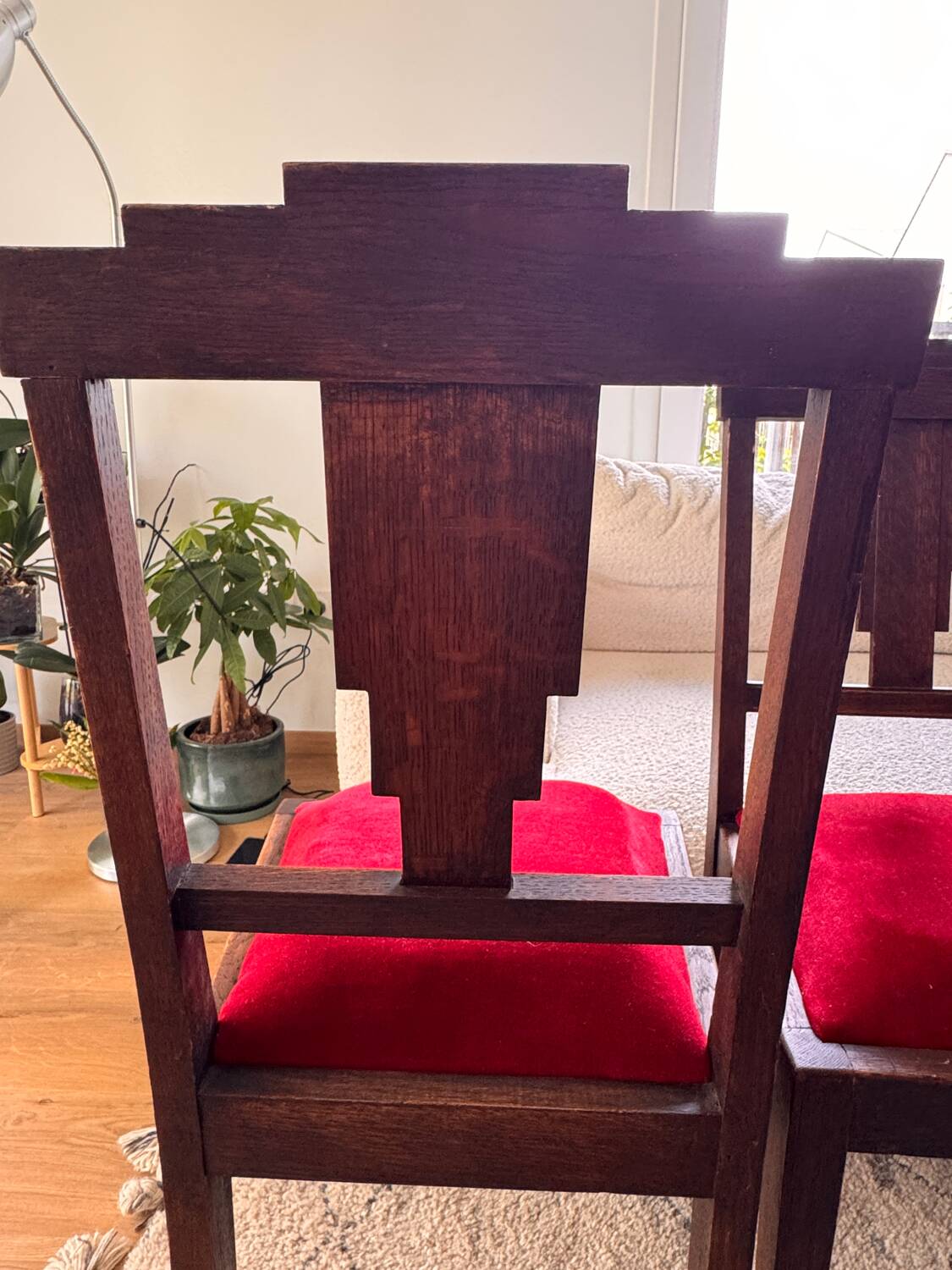 Vintage Art Deco Dining Chairs – Solid Wood & Red Velvet (Set of 4)