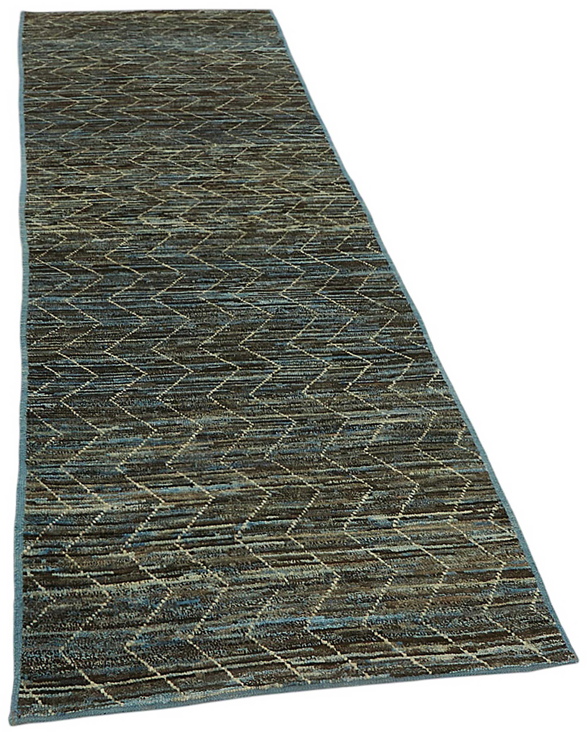 Handwoven Turkish Rustic 90 cm x 320 cm Blue Wool Runner Carpet