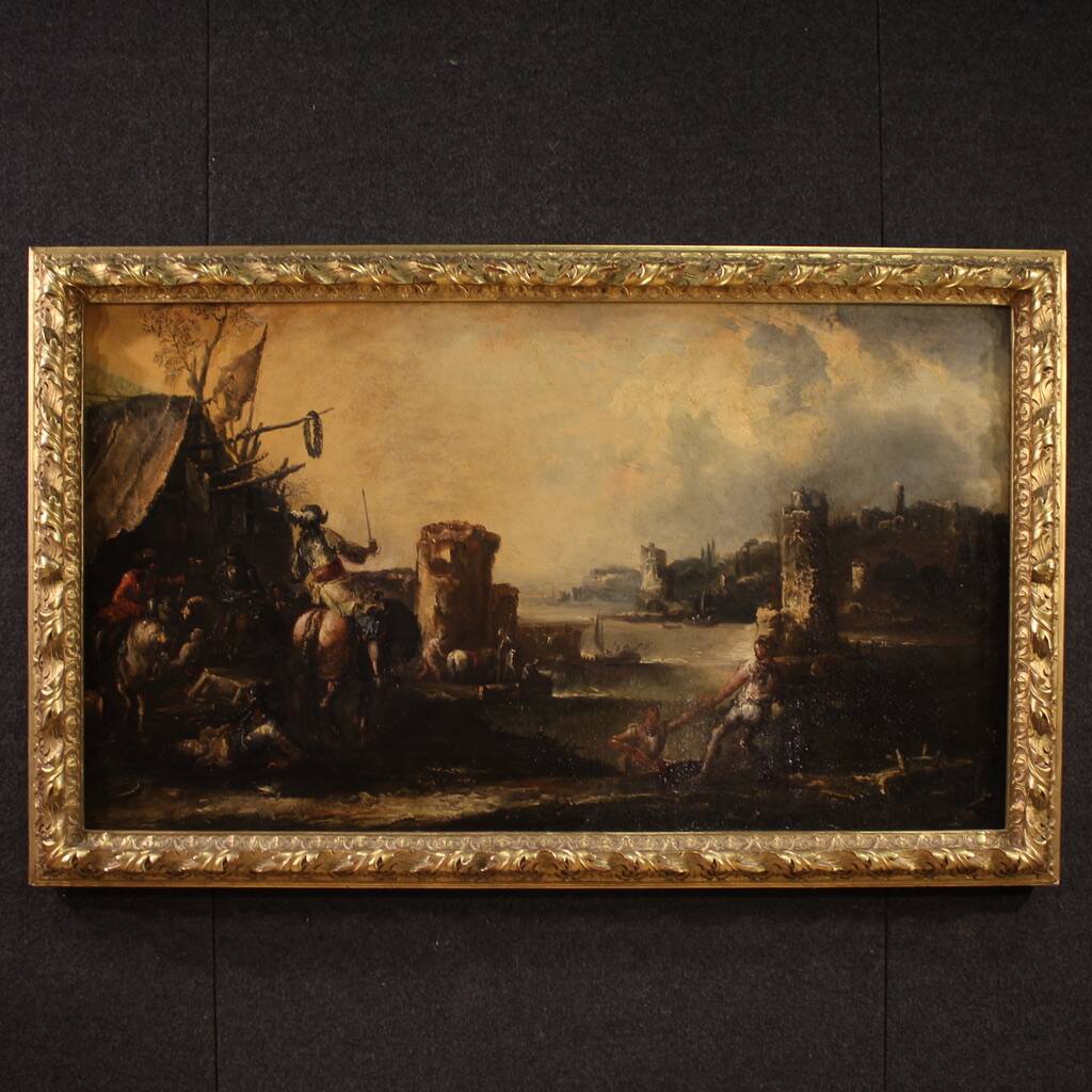 Great 18th century painting landscape with knights