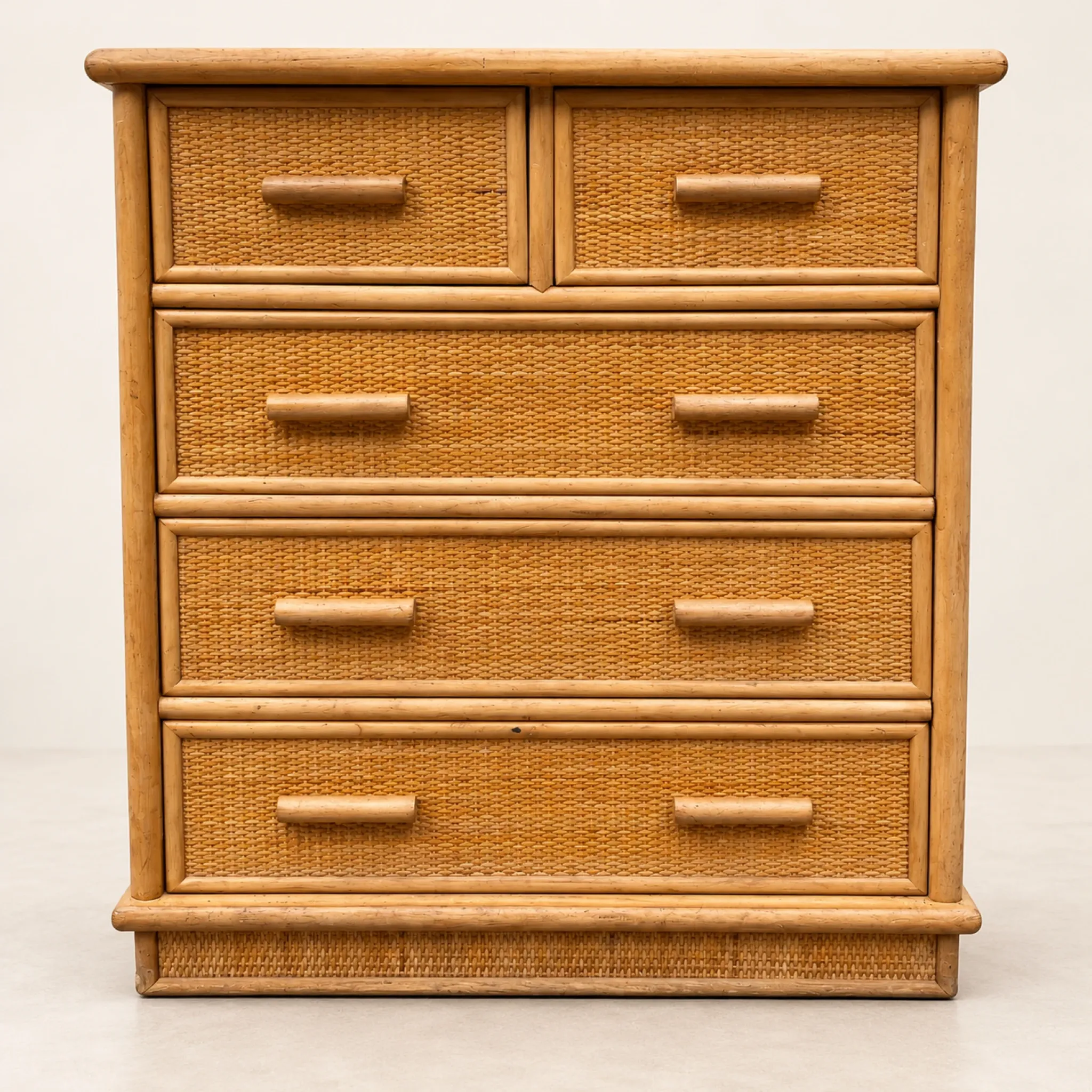 Vintage woven rattan commode with five drawers – bohemian style