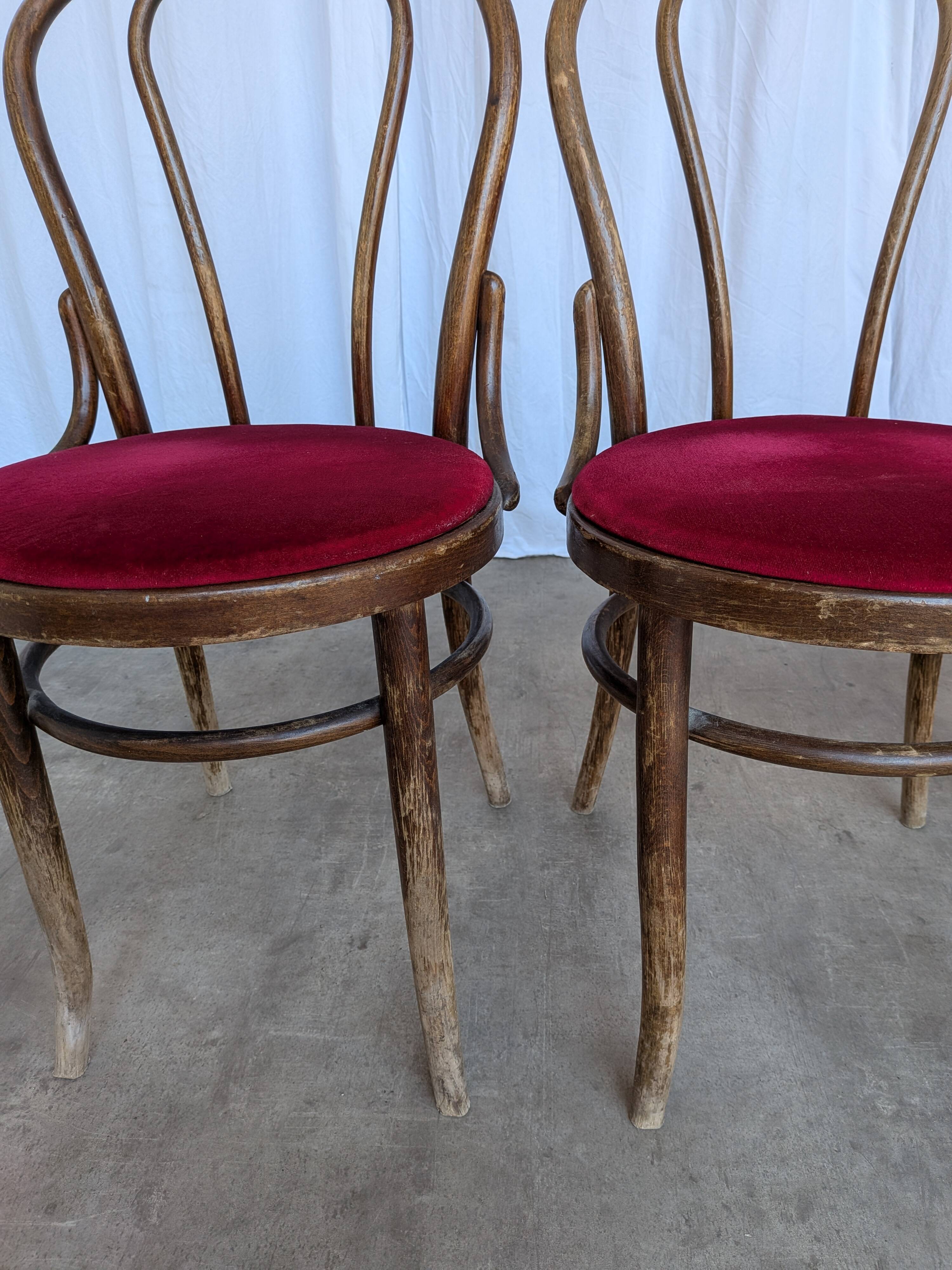 Set of 4 Vintage Bentwood Bistro Chairs, Red Upholstery