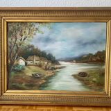 Large painting of a house by the water