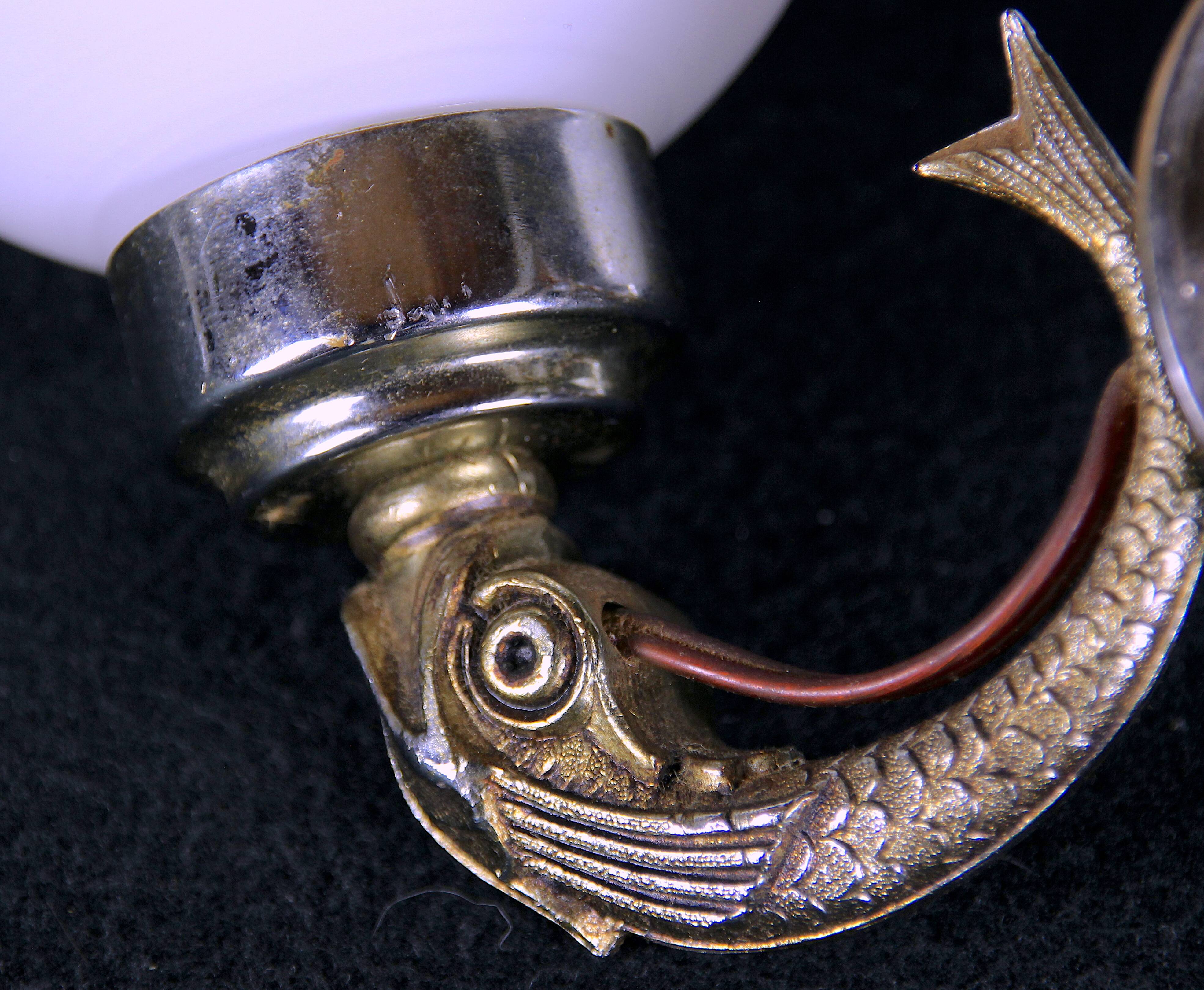 Maison Lancel, White Opaline Silver-Plated Dolphin Sconces, Mid-Century, France