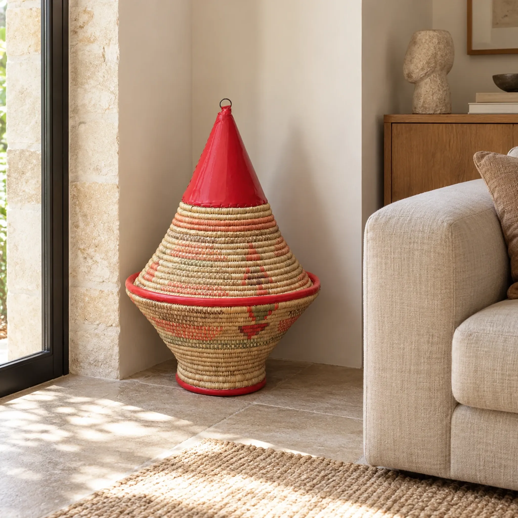 Large covered Moroccan basket made of woven wicker, 70s folk style.