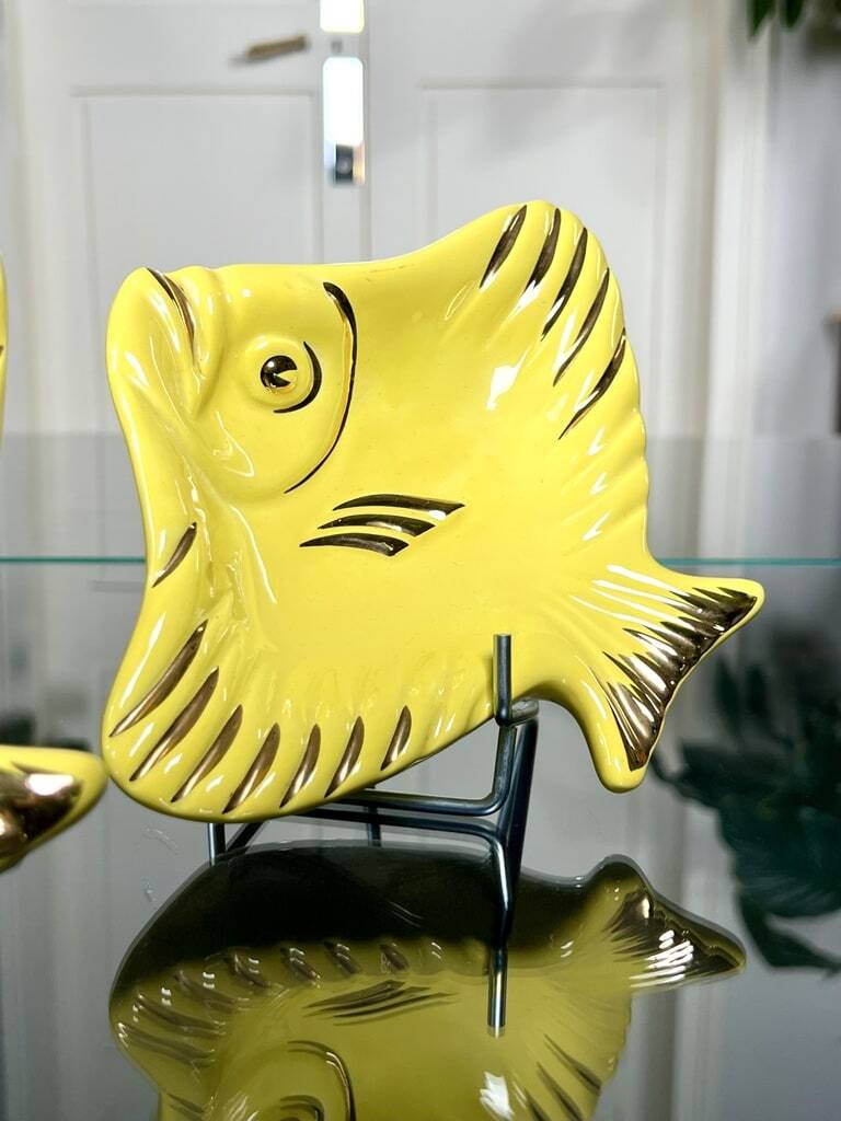 Soap Holder - Pair - Yellow Earthenware - Vintage Fish Bathroom Accessory