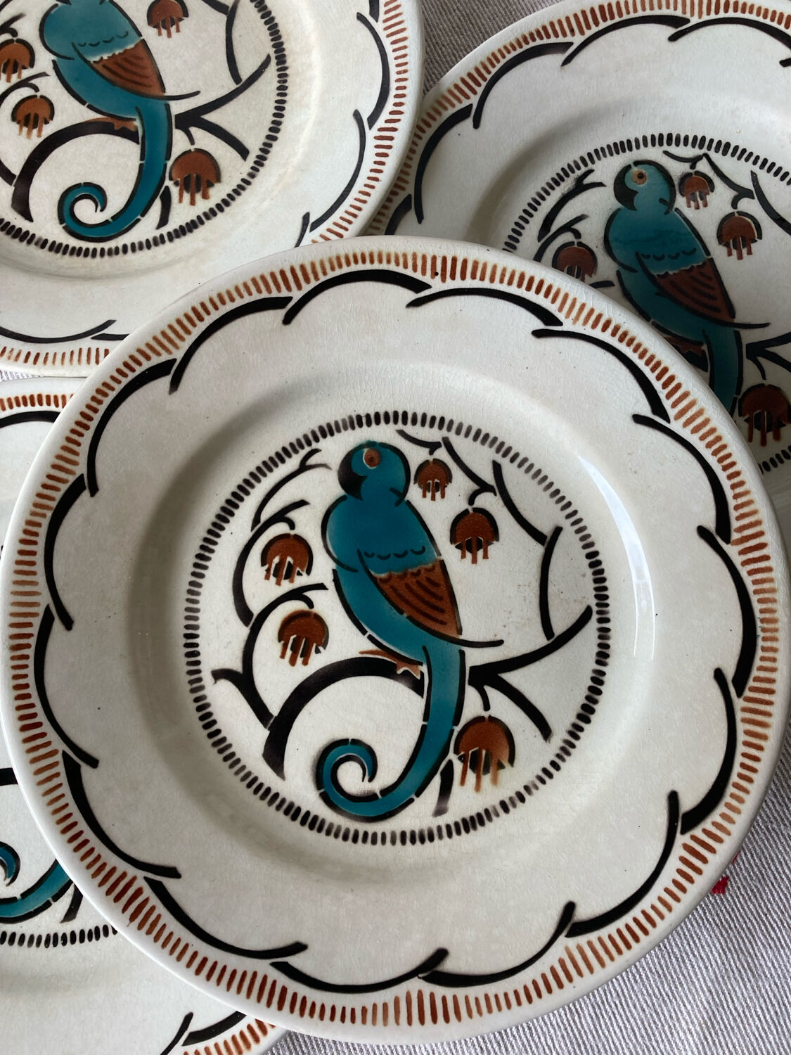 Dessert plates and serving dish, K&G Luneville, parakeet model.