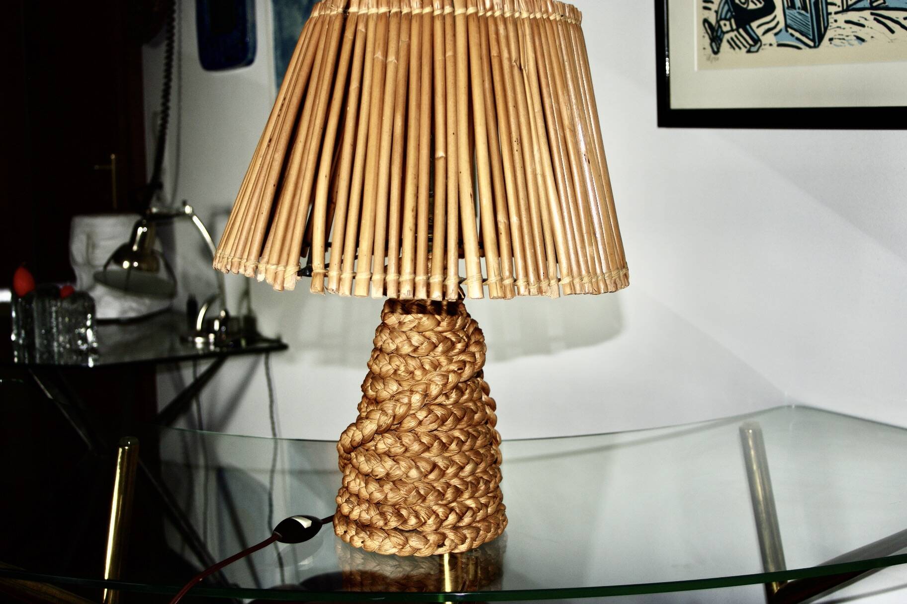 Vintage lamp in braided reed and bamboo