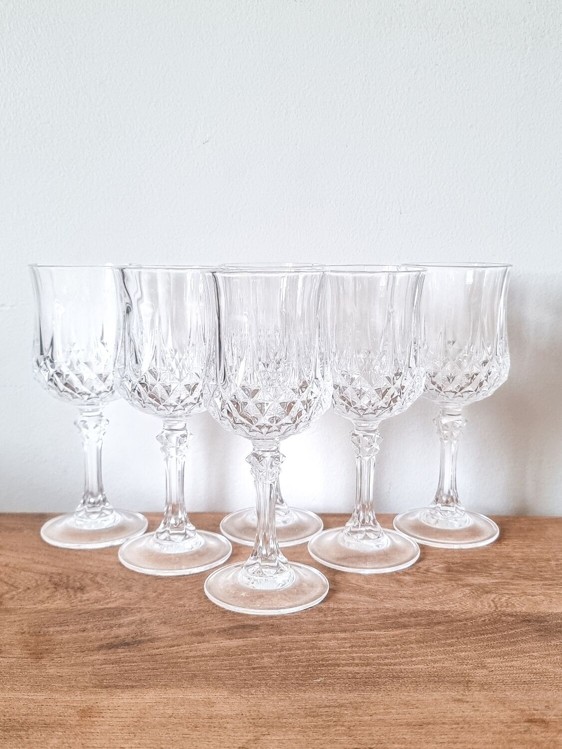 6 diamond-point stemmed glasses, Arques crystal, Longchamp