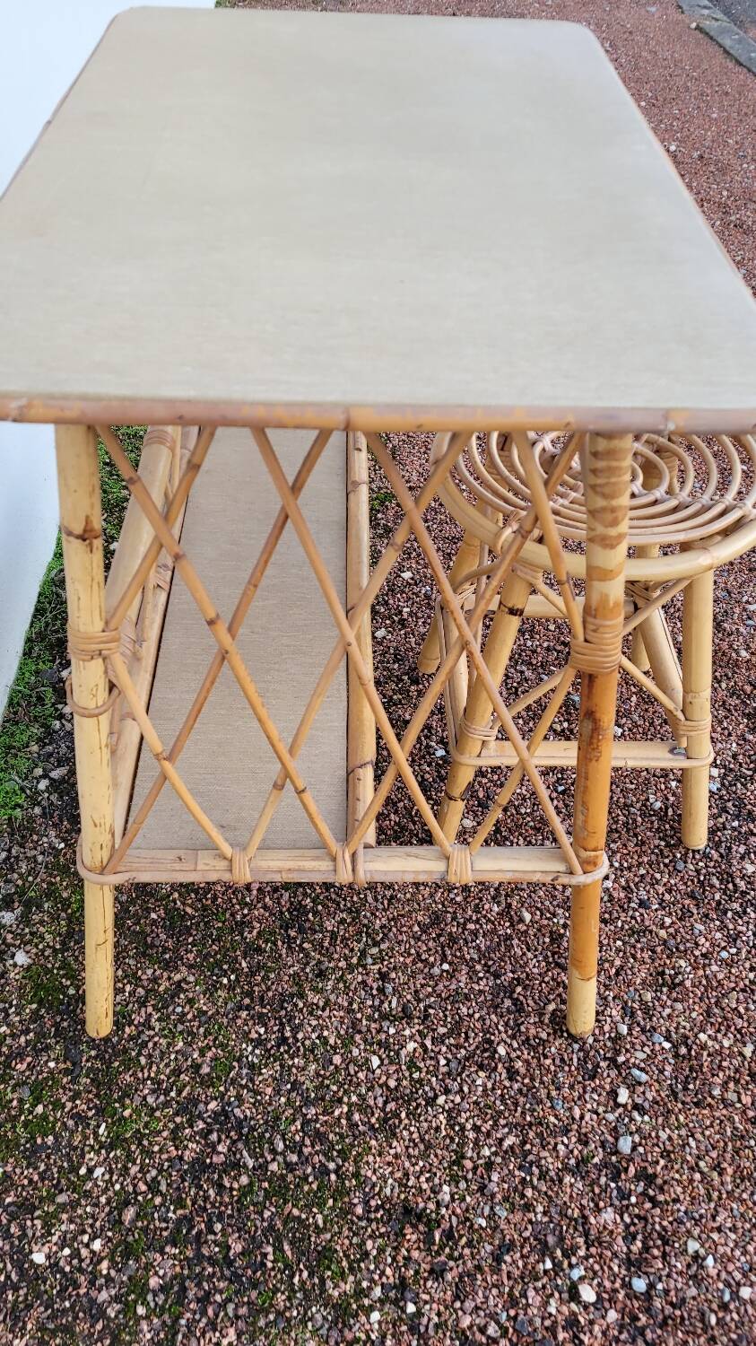 Bureau en rotin avec tabouret vintage- 1950s
