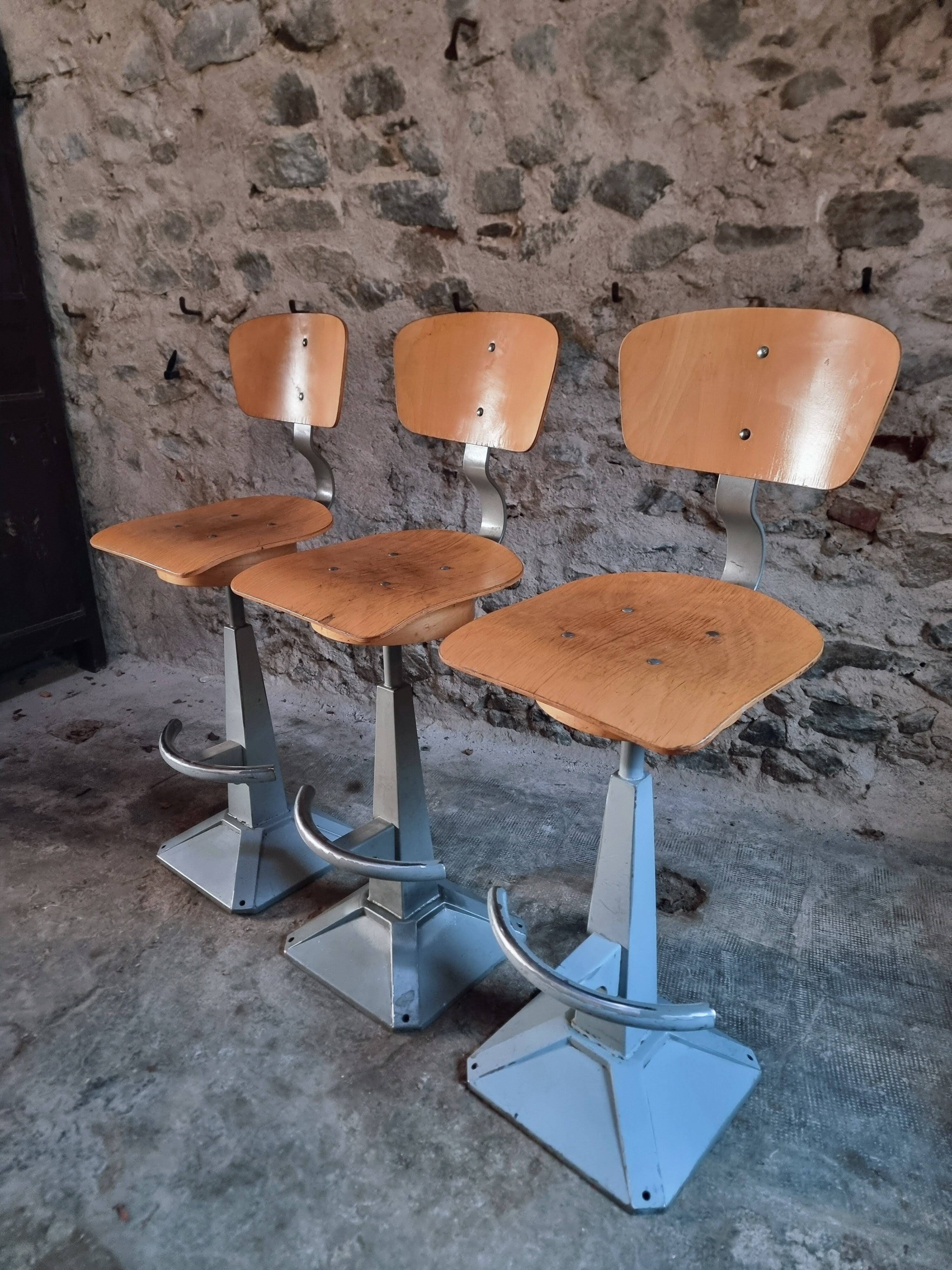 Set of 3 industrial swivel workshop chairs – fixed height bar stools – mid-century factory seats