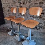 Set of 3 industrial swivel workshop chairs – fixed height bar stools – mid-century factory seats