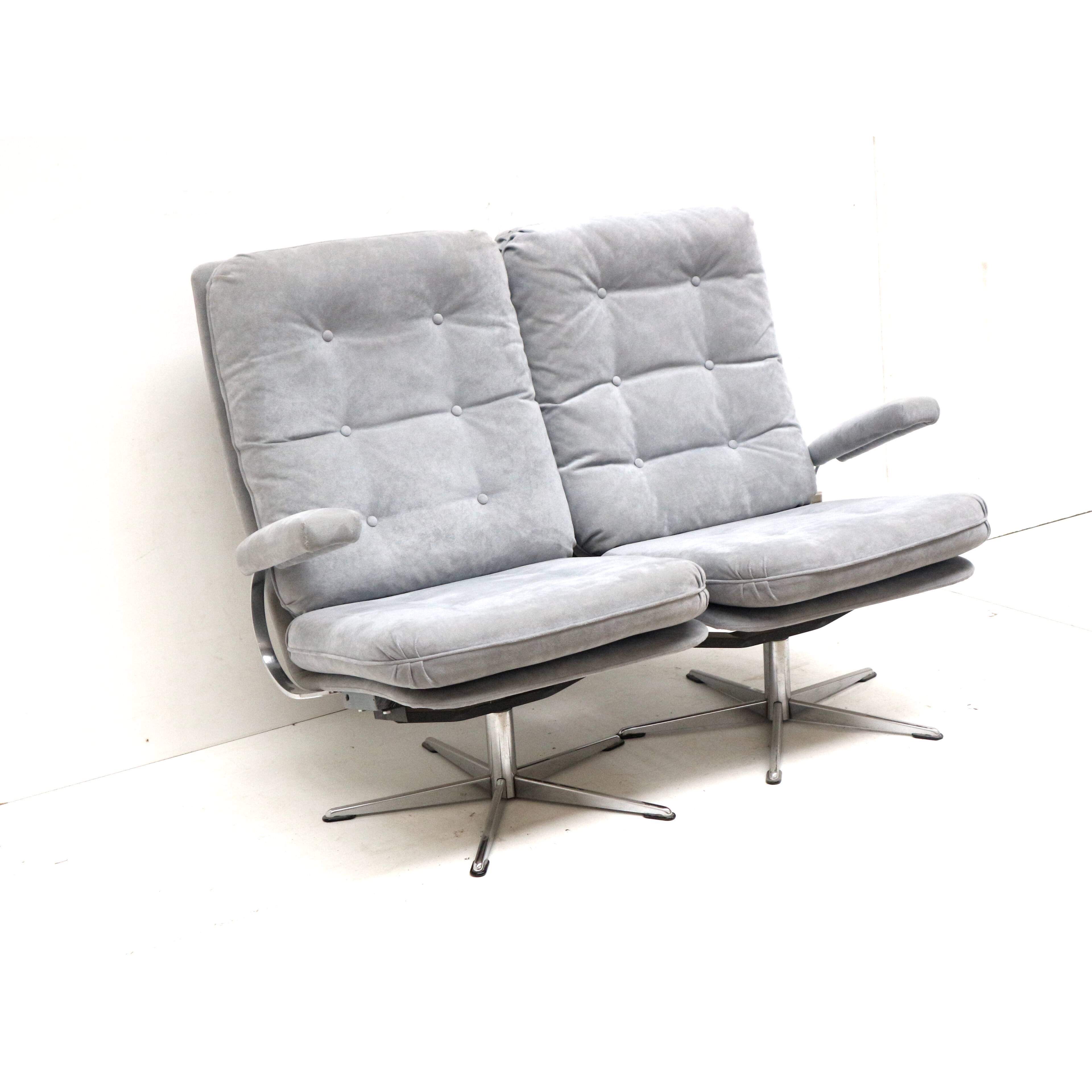 Vintage 2-seater sofa with gray suede upholstery made in the 1970s