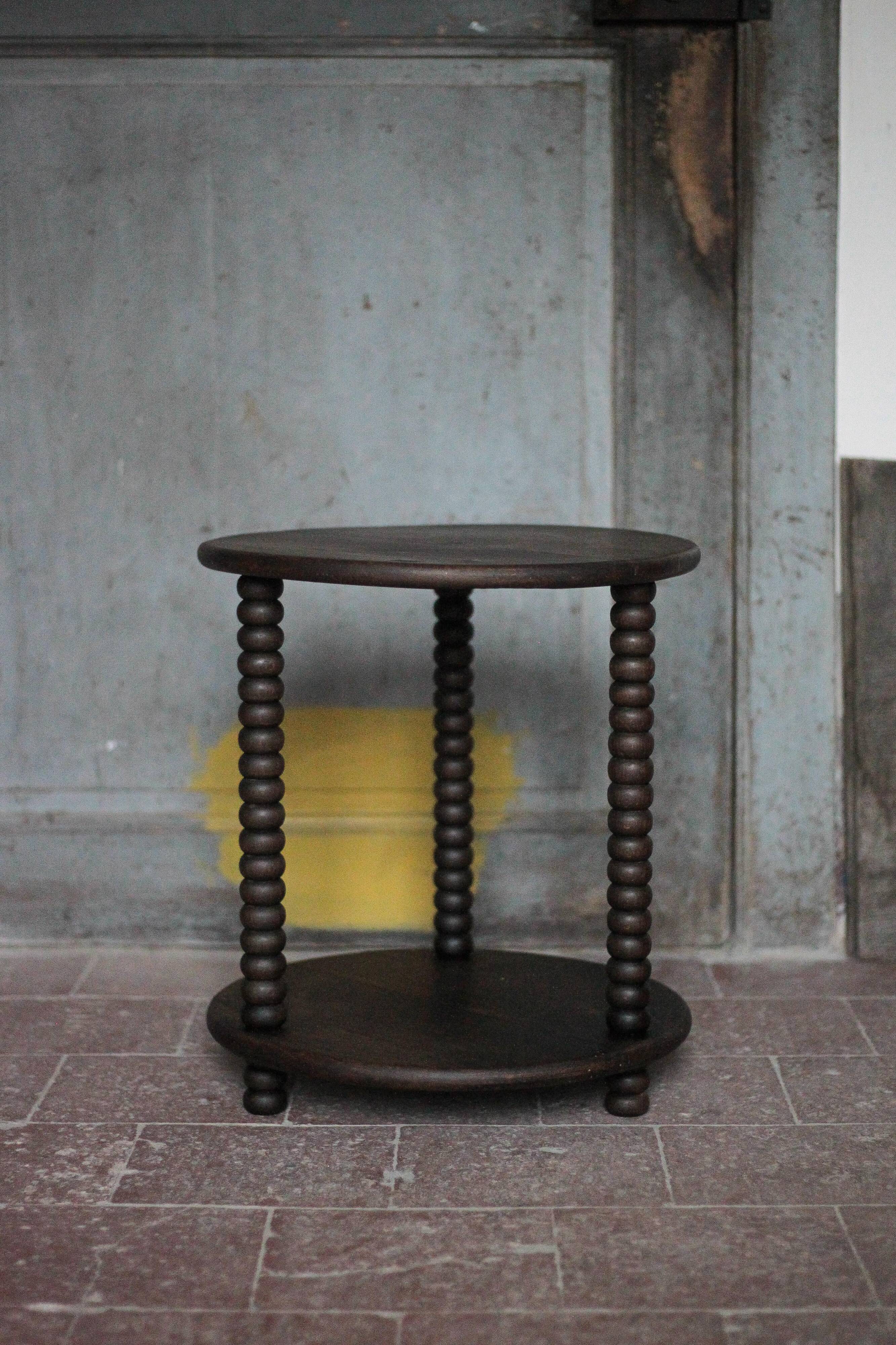 Turned wood coffee table, wooden side table, bedside table.