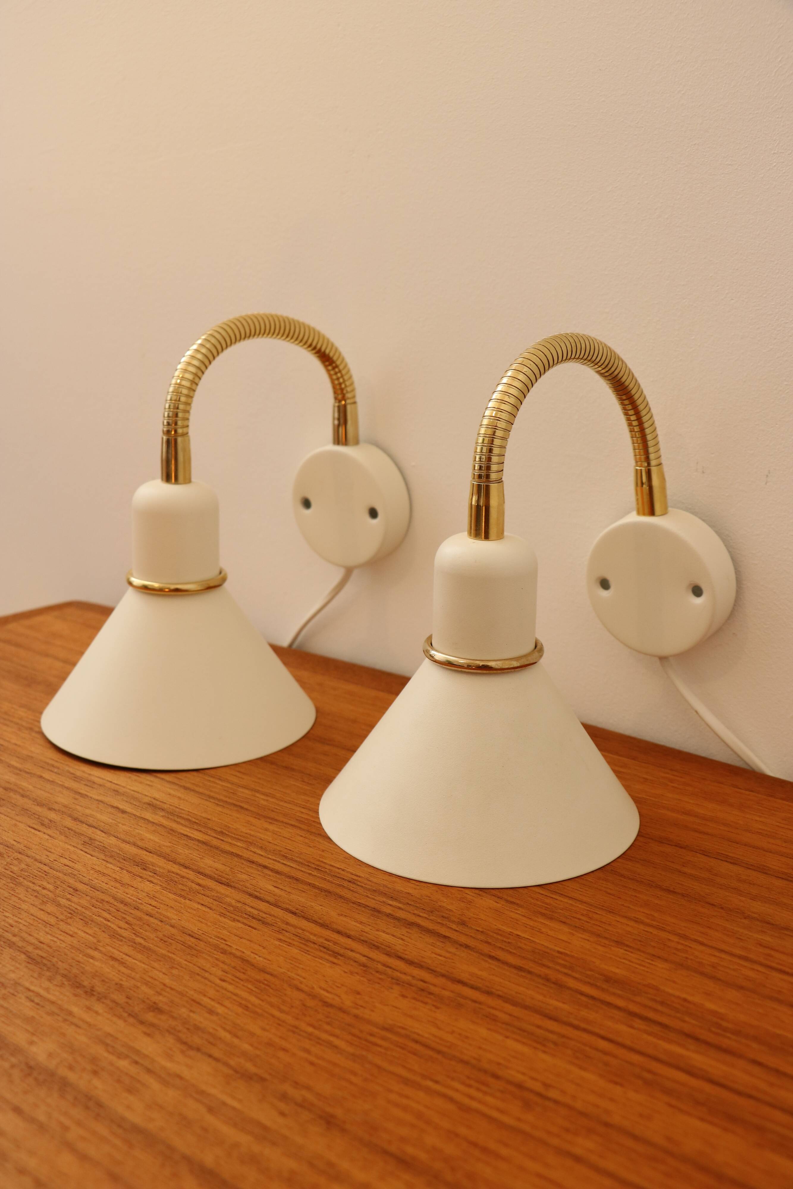 Pair of Scandinavian wall lights, white and gold metal