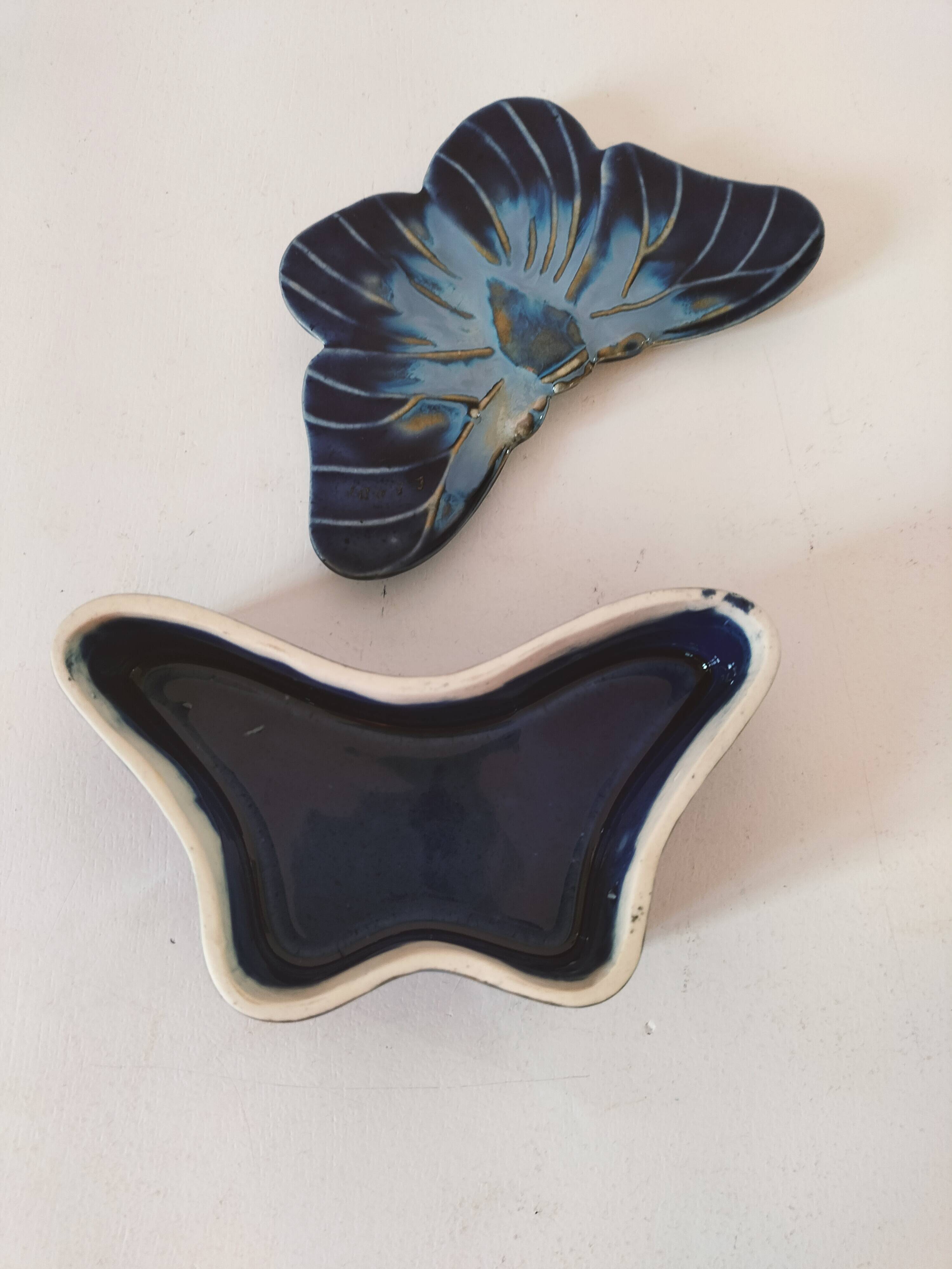 Vintage blue enameled ceramic butterfly box signed alpho