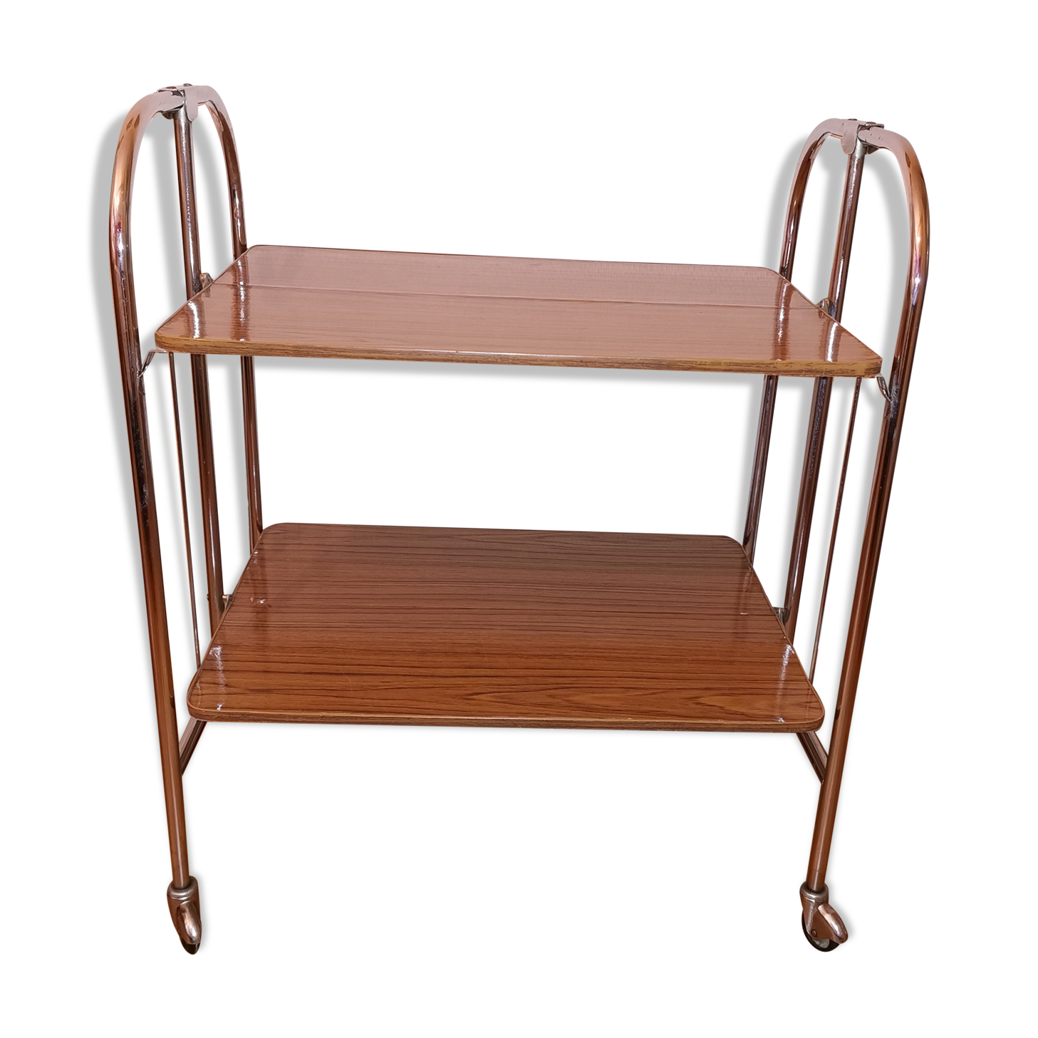 Vintage rolling and folding dessert trolley in chrome metal.