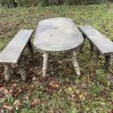 1 table and 2 benches in cement, faux wood, rockery, 1950s. 150cm