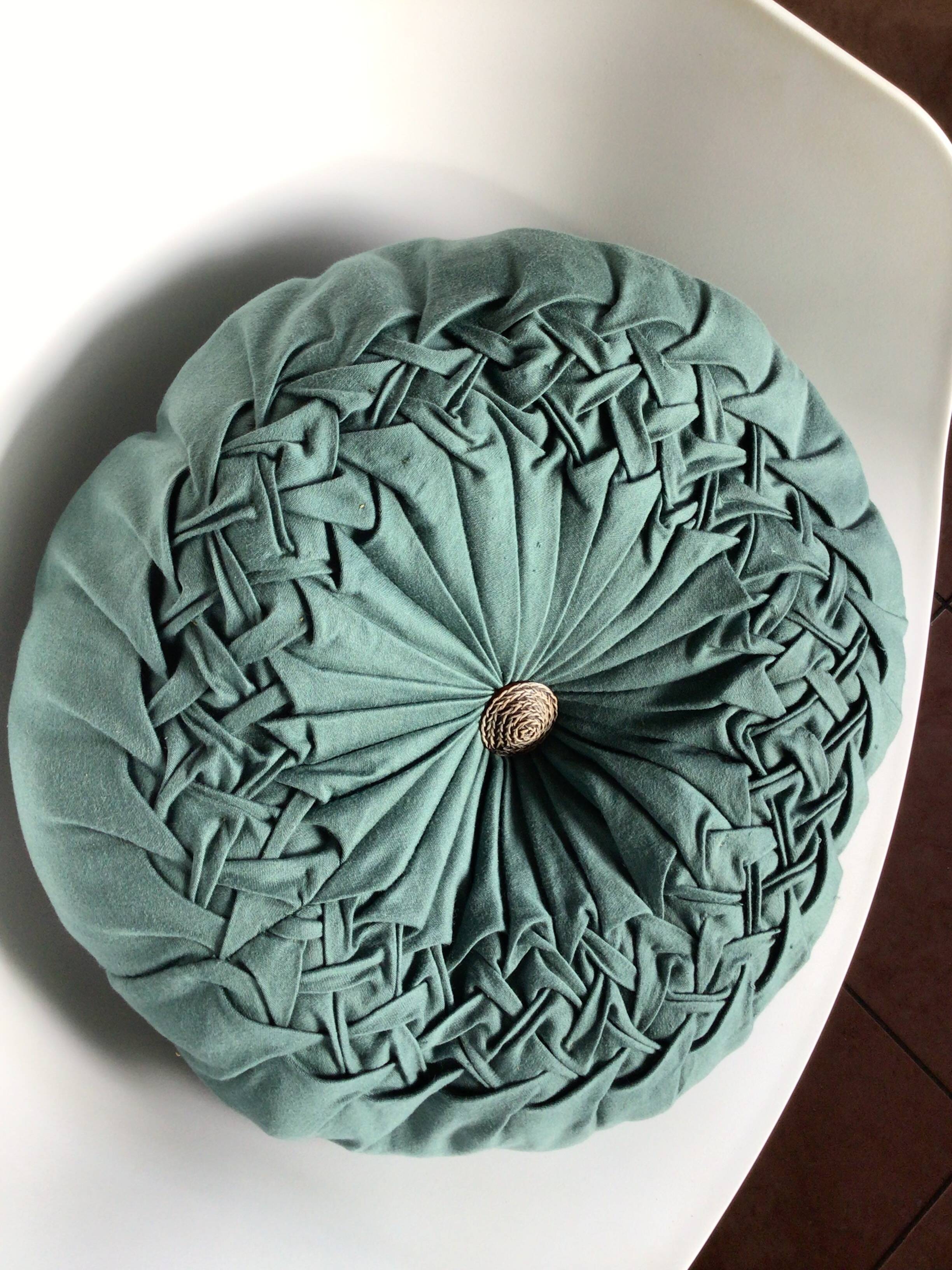 Vintage green hand-pleated round cushion