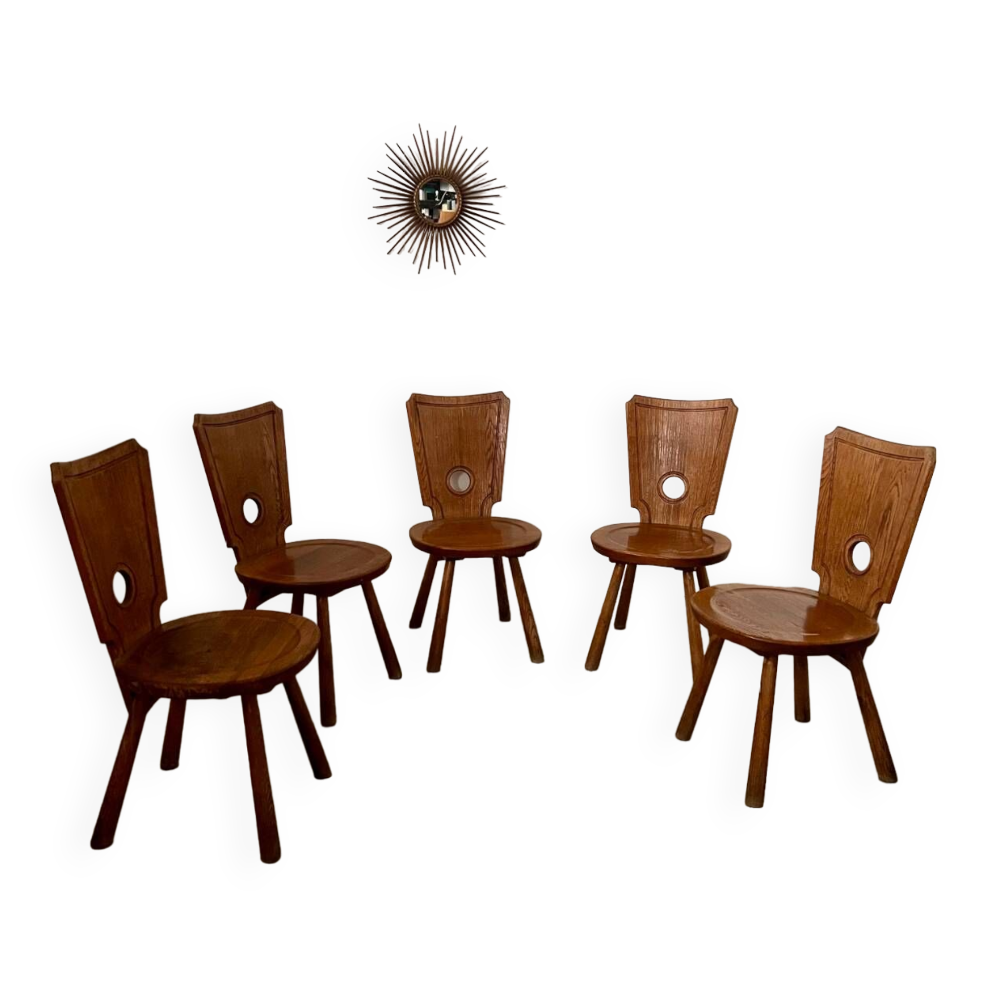 Set of 5 vintage 70s Brutalist design solid wood chairs