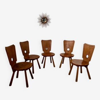 Set of 5 vintage 70s Brutalist design solid wood chairs