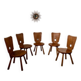 Set of 5 vintage 70s Brutalist design solid wood chairs