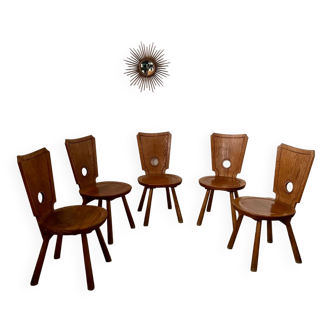 Set of 5 vintage 70s Brutalist design solid wood chairs