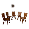 Set of 5 vintage 70s Brutalist design solid wood chairs