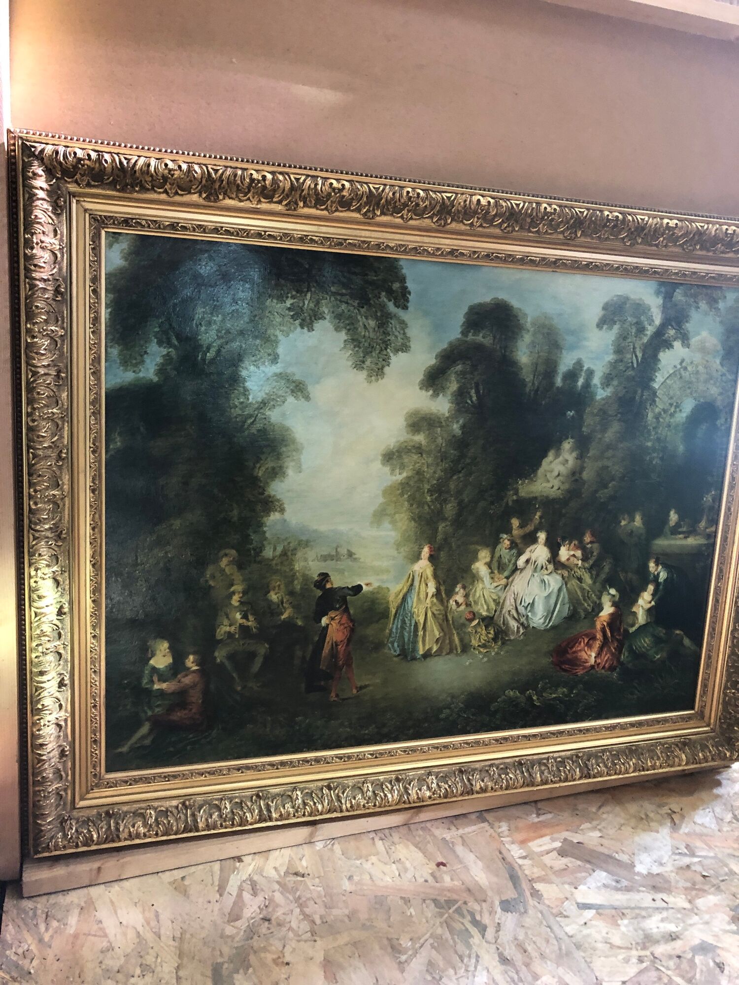 Old painting print on canvas + frame carved wood Gilded Vintage #2