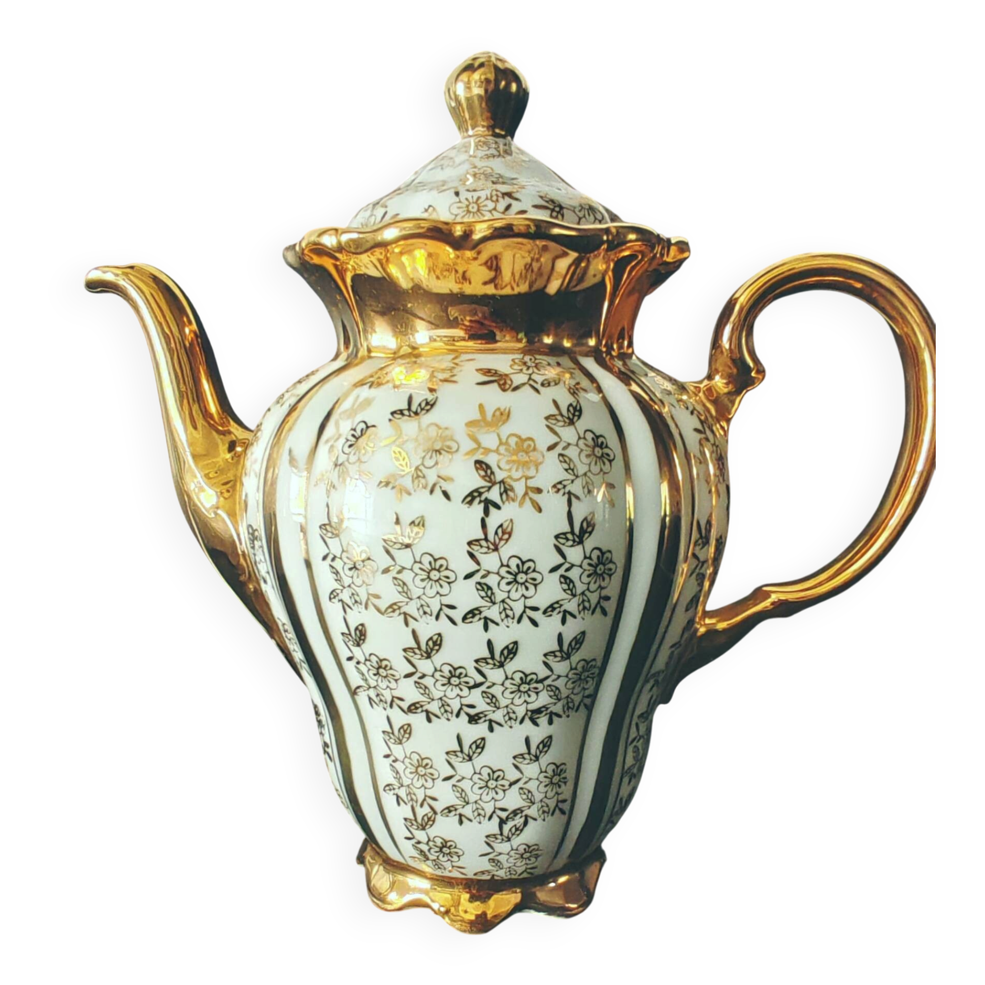 Antique Teapot in White and Gold Porcelain Baroque Style