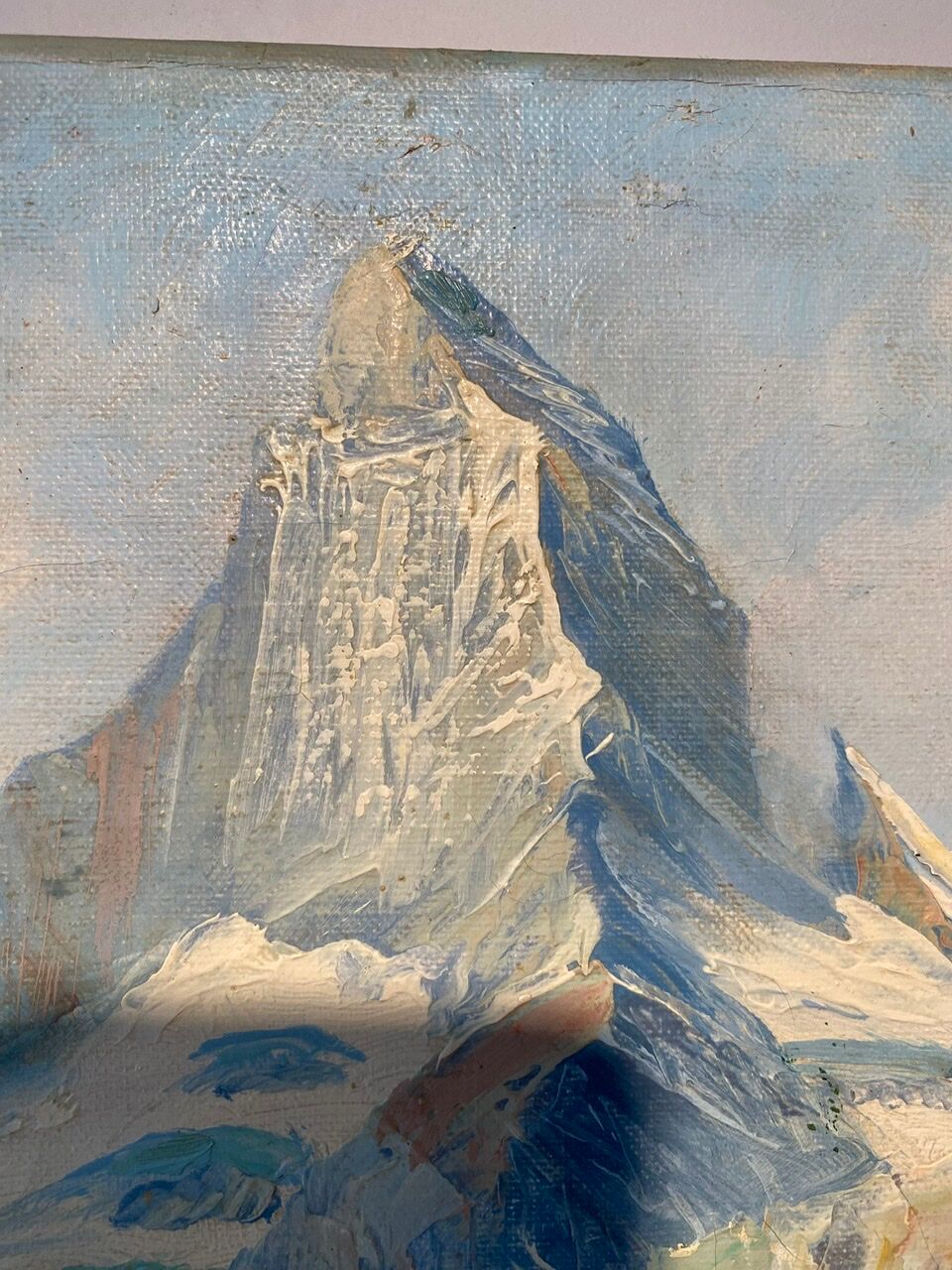 Old painting, Swiss mountain landscape signed H Herzer, mid-XX century