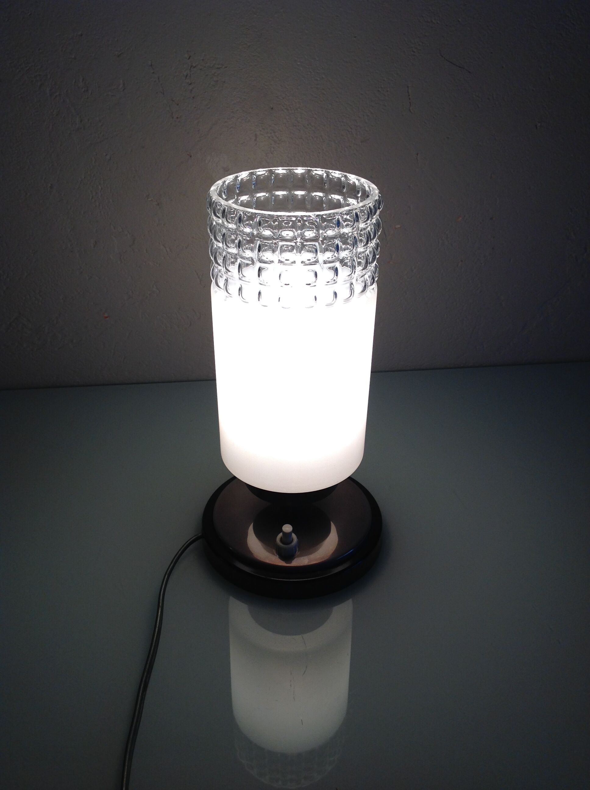 Tube bedside lamp with bi-material/vintage glass lampshade, 60/70s