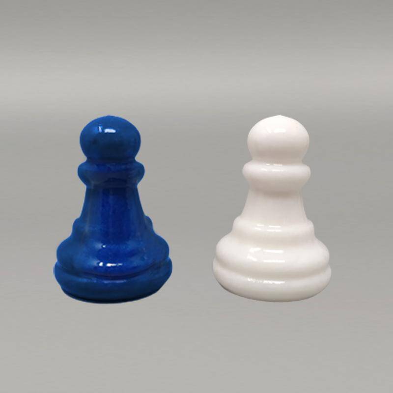 1970s Gorgeous Sky Blue and White Chess Set in Volterra Alabaster Handmade.