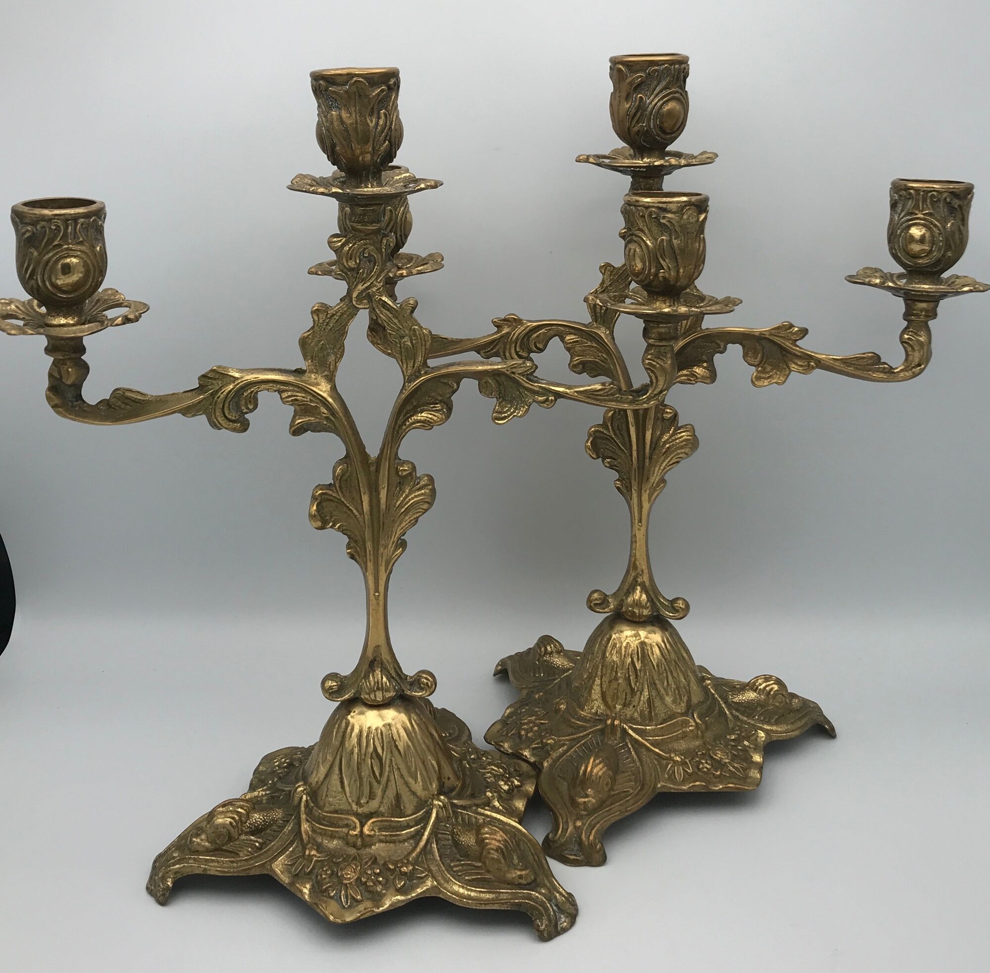 Pair of old candlesticks in bronze 3 lights rocaille style 28,5 cm