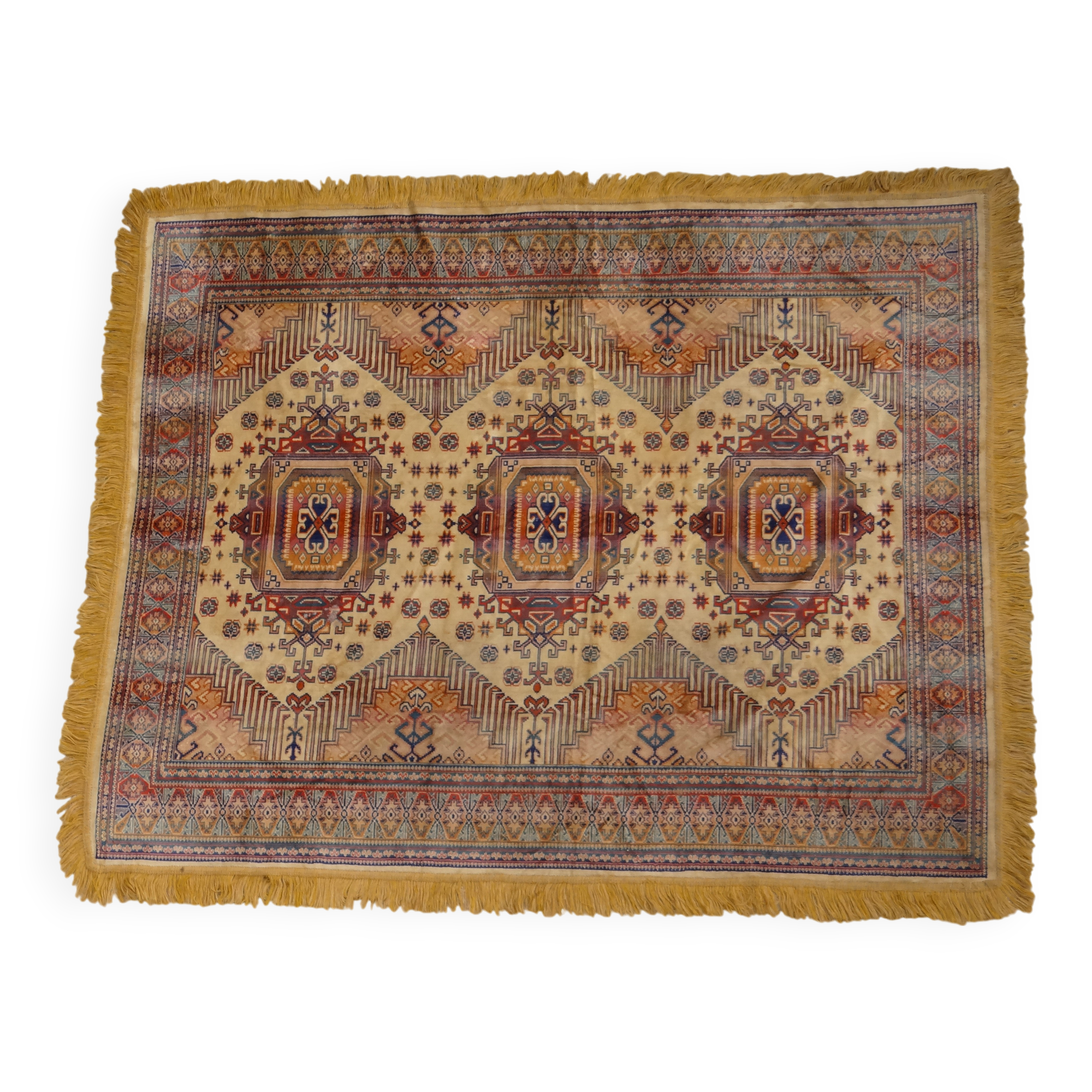 Kazak rug 180x150 cm vintage handmade oriental patterns ochre and burgundy