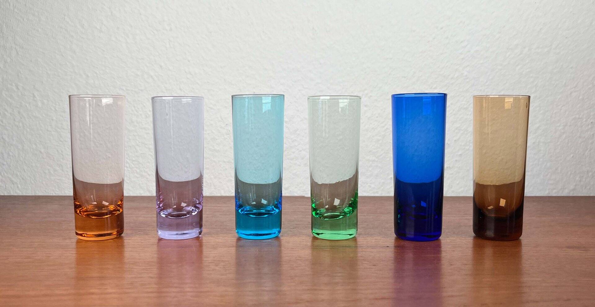 Coloured German shot glasses from the mid-century, 1960s, set of 6.