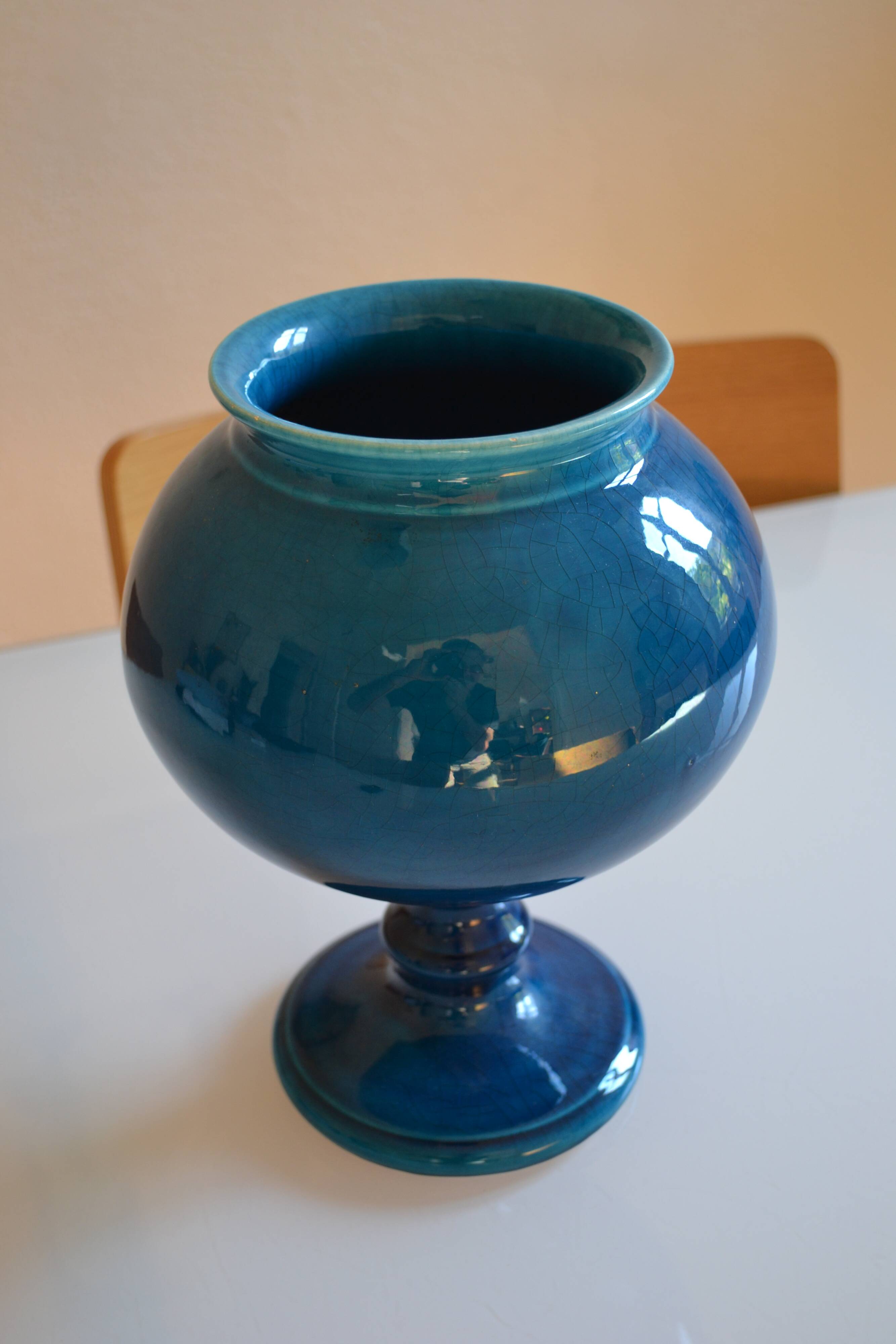 Vase bleu céramique craquelé  H : 28 cm