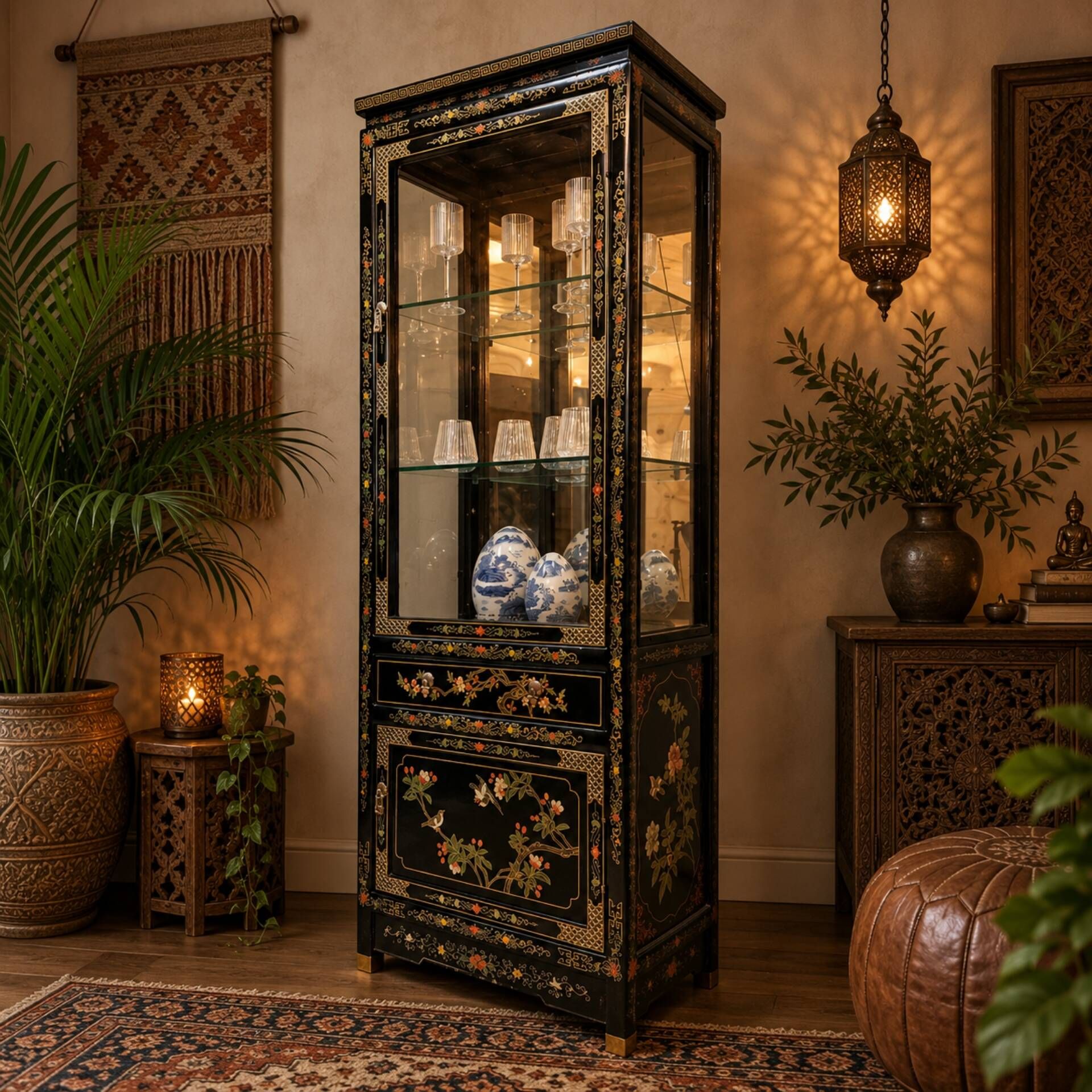 Vitrine chinoise vintage avec miroir, décor fleurs et oiseaux