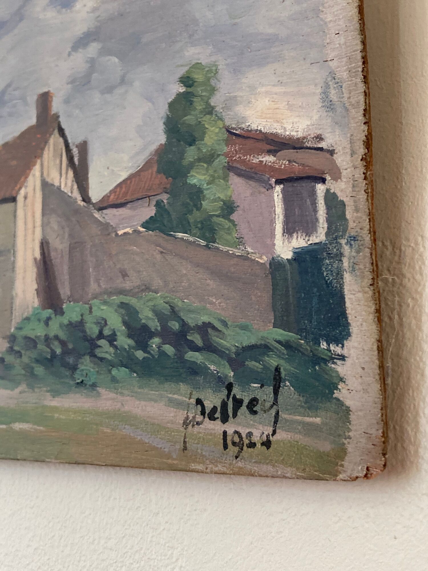 Oil on vintage wood panel / painting representing a village in the Landes