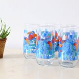Set of 5 water glasses, bird decorations, 70s/80s, vintage
