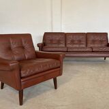 Danish mid-century Svend Skipper cognac 3 person sofa & lounge chair 1960s